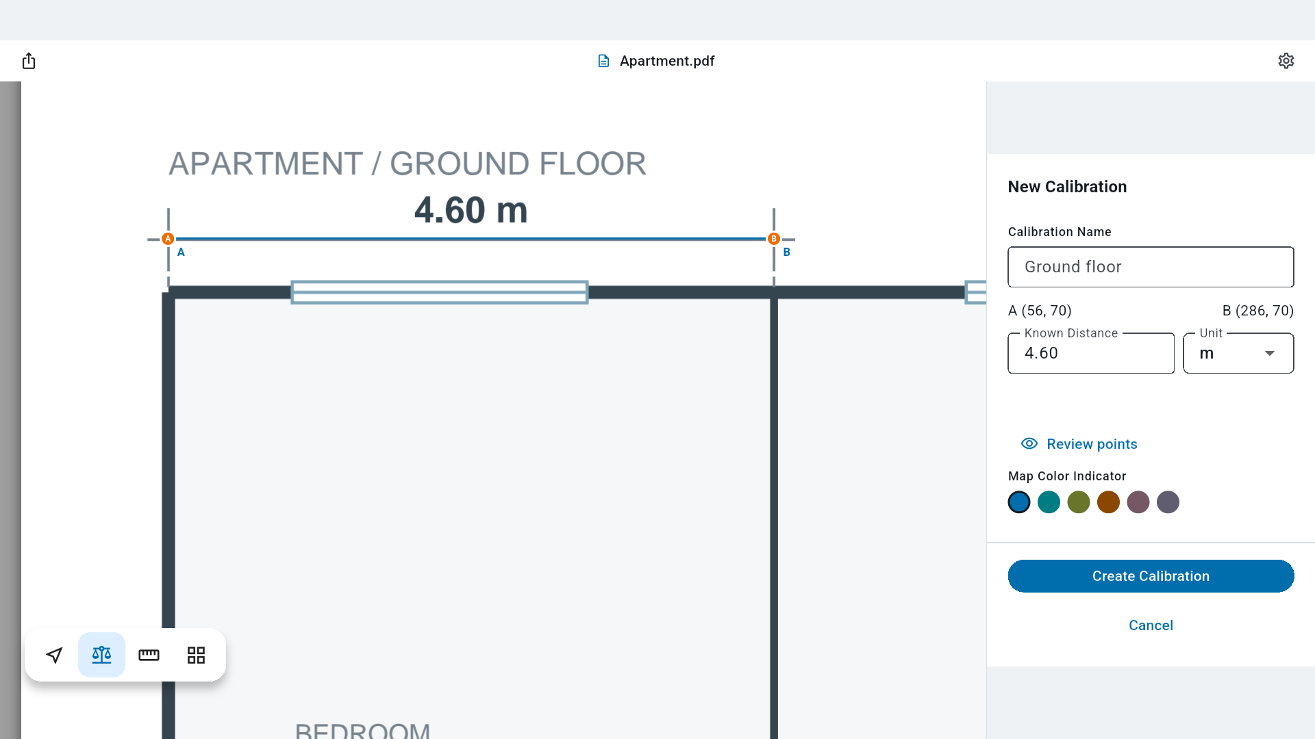 Calibration anchors A and B aligned with the printed 4.60 m reference dimension; the known-distance field and Create Calibration button are visible in the inspector.