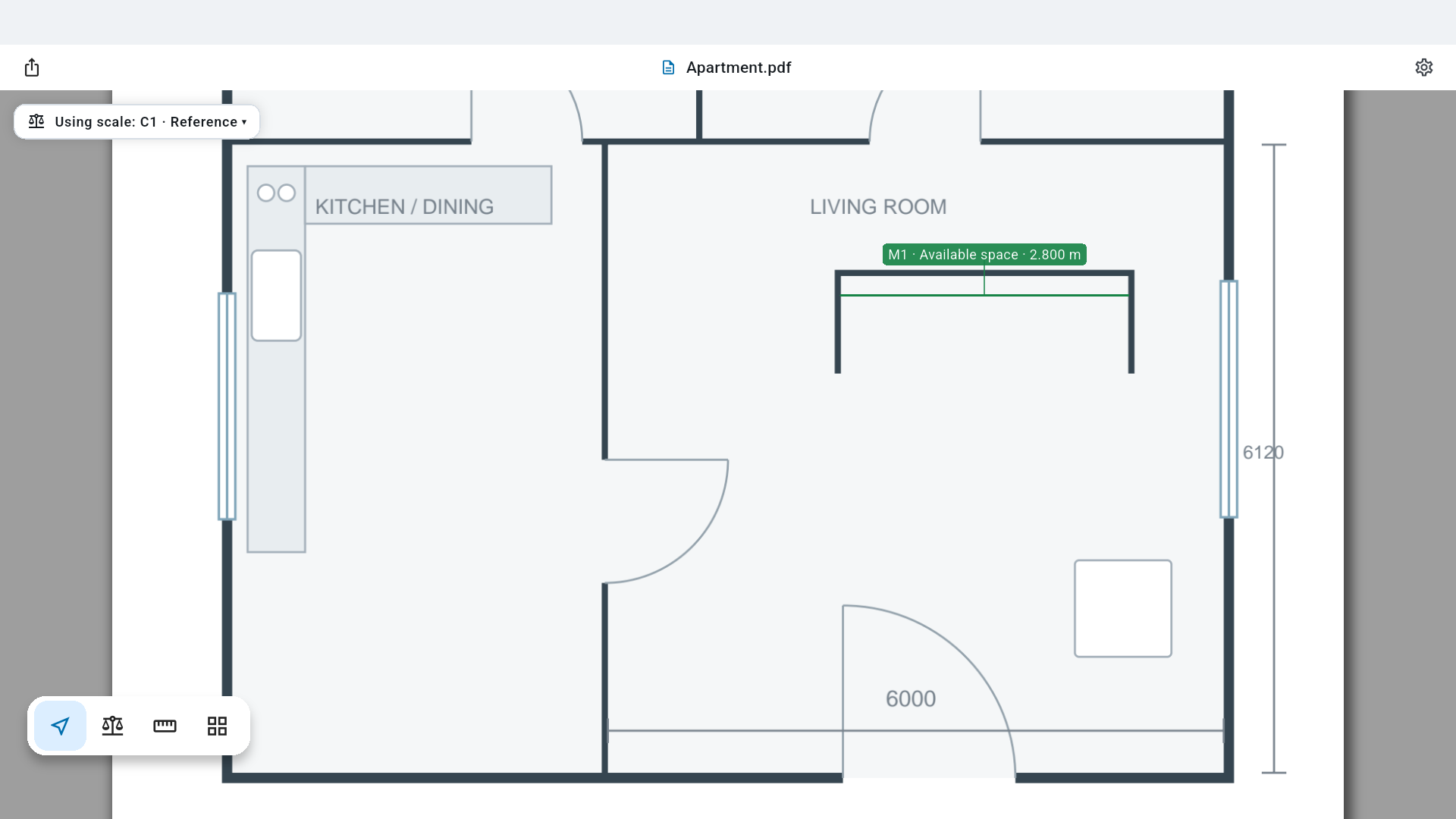 The actual Decempe Measure app measuring a 2.800 m recess in a PDF floor plan, alongside the drawing's original 6000 and 6120 dimensions.