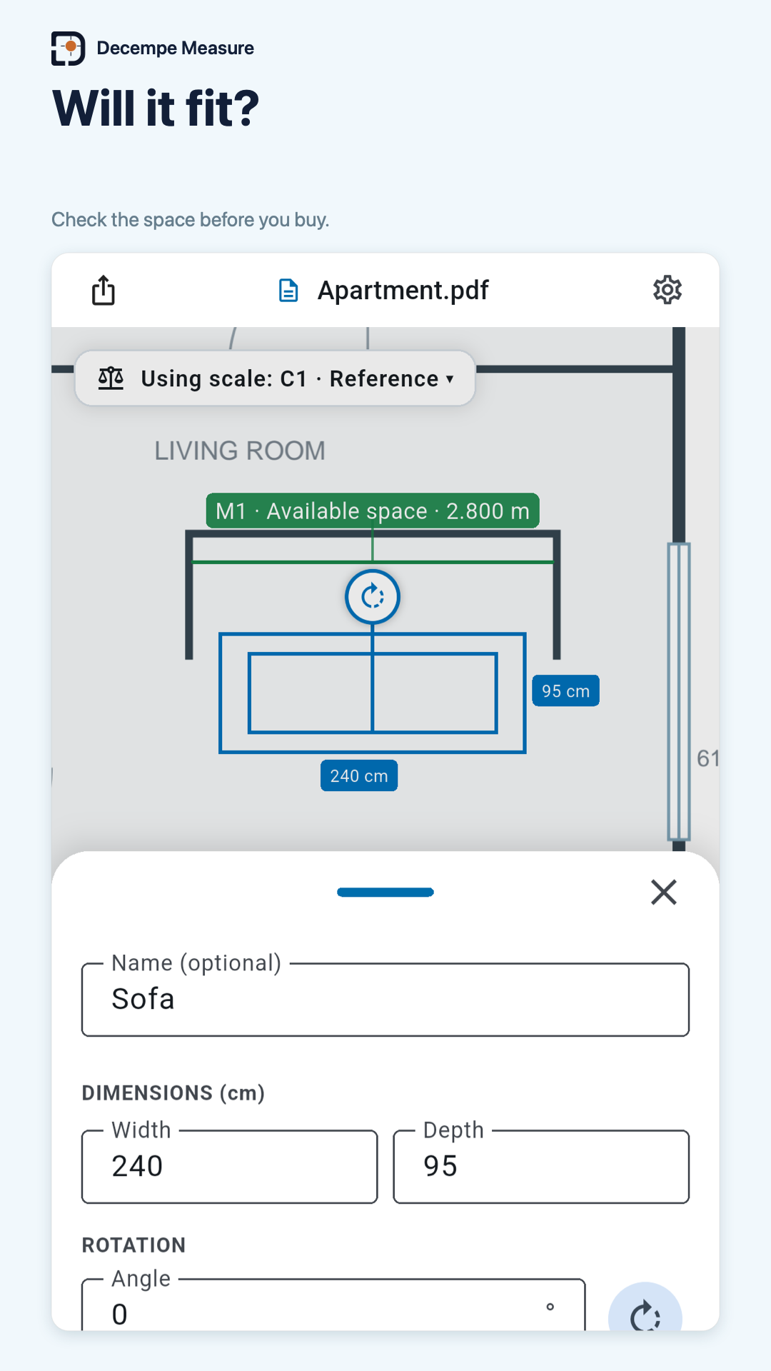 A 240 cm wide, 95 cm deep sofa placed inside a 2.800 m recess, with editable dimensions in the phone inspector.